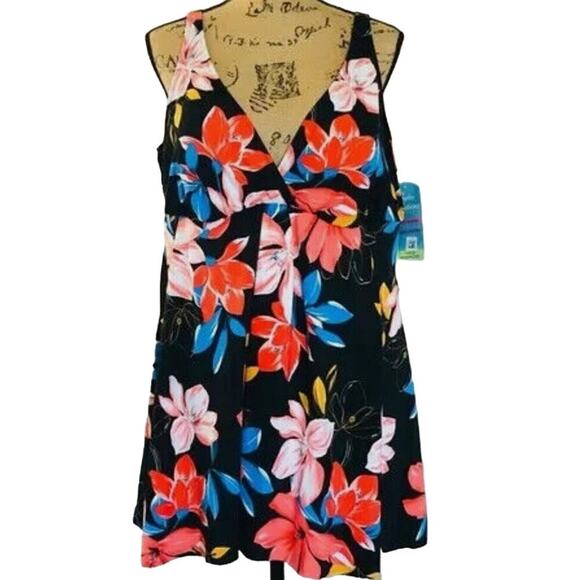 SWIM SOLUTIONS Black Pink Floral Print One Piece Swim Dress 18  $119 - NWT - Picture 4 of 5